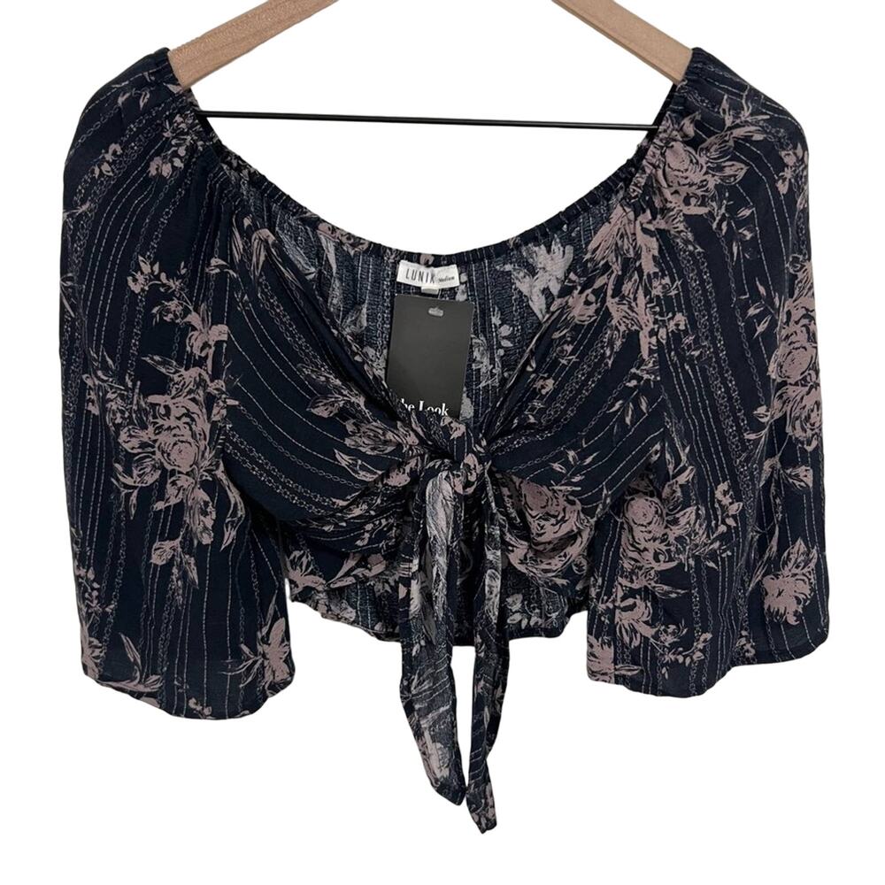 Lunik Tie Front Crop Top Size Medium New Gray & Mauve Floral Stripe